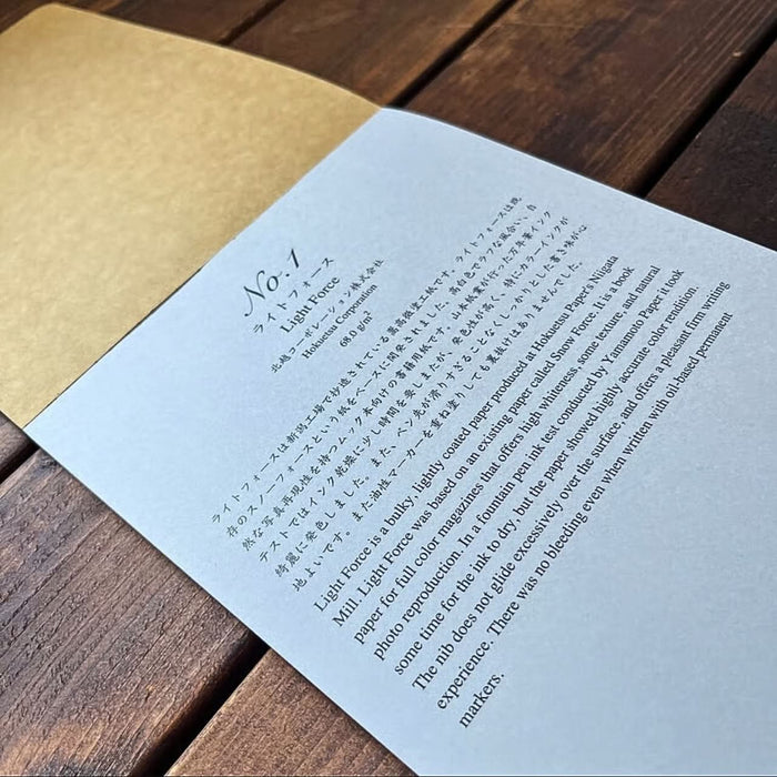Close-up of Light Force fountain pen paper sample from Yamamoto Paper A5 collection, showing English and Japanese text