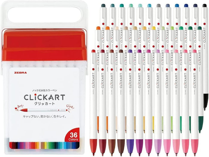 Zebra Clickart 36-Pack Water-Based Pens in a variety of colours including standard, light, and dark shades, featuring retractable, capless design.