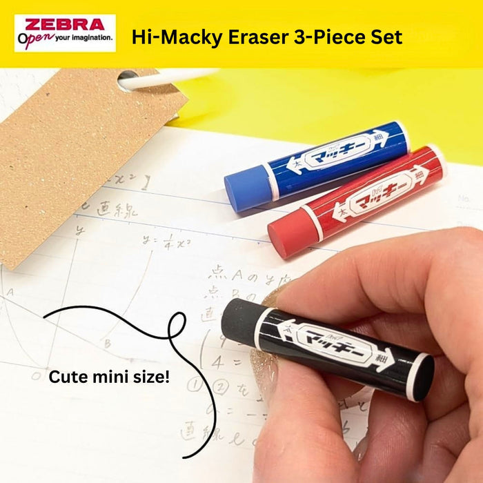Zebra Hi-Macky Eraser being used to erase pencil marks cleanly on paper.