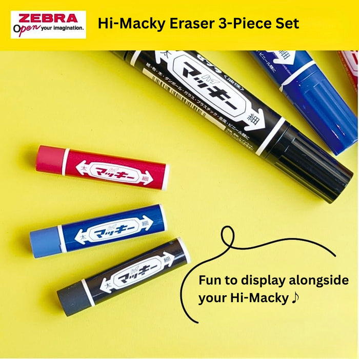 Zebra Hi-Macky Eraser Set of 3, shown from the front.
