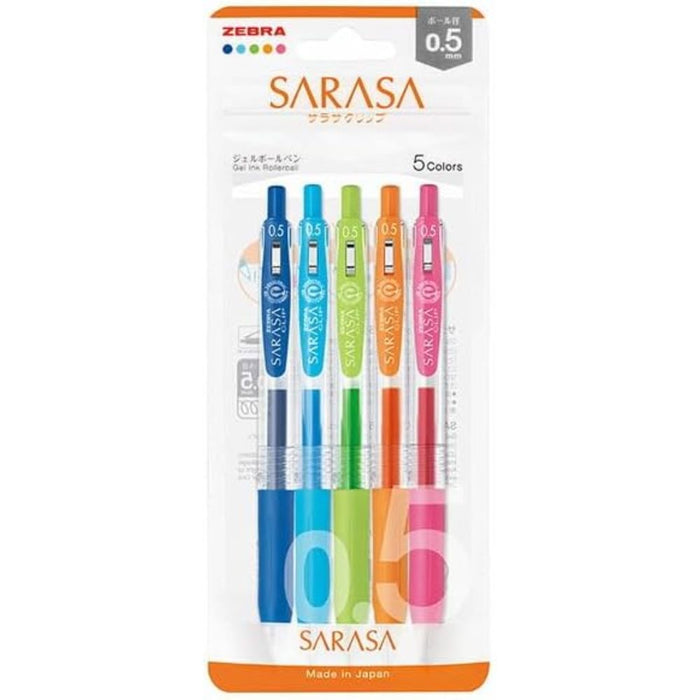 Zebra Sarasa Clip Gel Pen Set – 0.5mm & 0.7mm – 5 Colours, shown from the front.